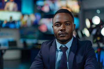 Fototapeta premium Generative AI professional male female Television Reporter in broadcast Studio with Camera