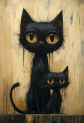 Illustration of black cats sitting on an abstract background.