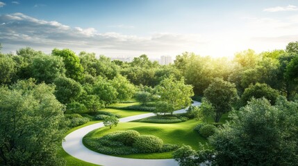 Obraz premium Modern architectural design of a house surrounded by lush green landscape urban park scenic viewpoint nature concept