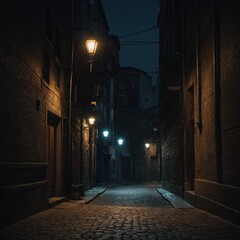 A quiet alley lit by streetlamps.  