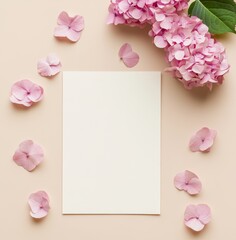 Blank White Postcard Mockup with Pink Hydrangea Flowers and Petals for Greeting Card or Invitation Design Generative AI