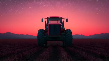 Fototapeta premium A Majestic Tractor Stands Against a Vibrant Sunset, Showcasing Modern Farming Technology. Cutting-edge Technology Meets Sustainable Farming Concept