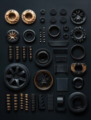 Fototapeta premium Numerous car tires, rims, and brake pads are arranged on a dark background, offering space for additional text or graphics. Generative AI