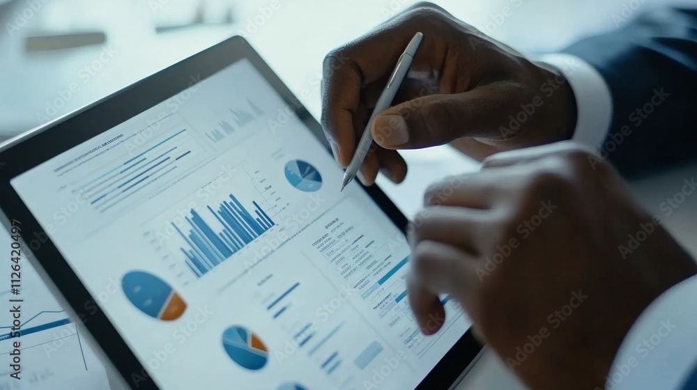 Poster businessman analyzing data on digital tablet with close-up view