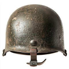Fototapeta premium Vintage Military Helmet with Rustic Finish and Worn Texture Displayed on a White Background