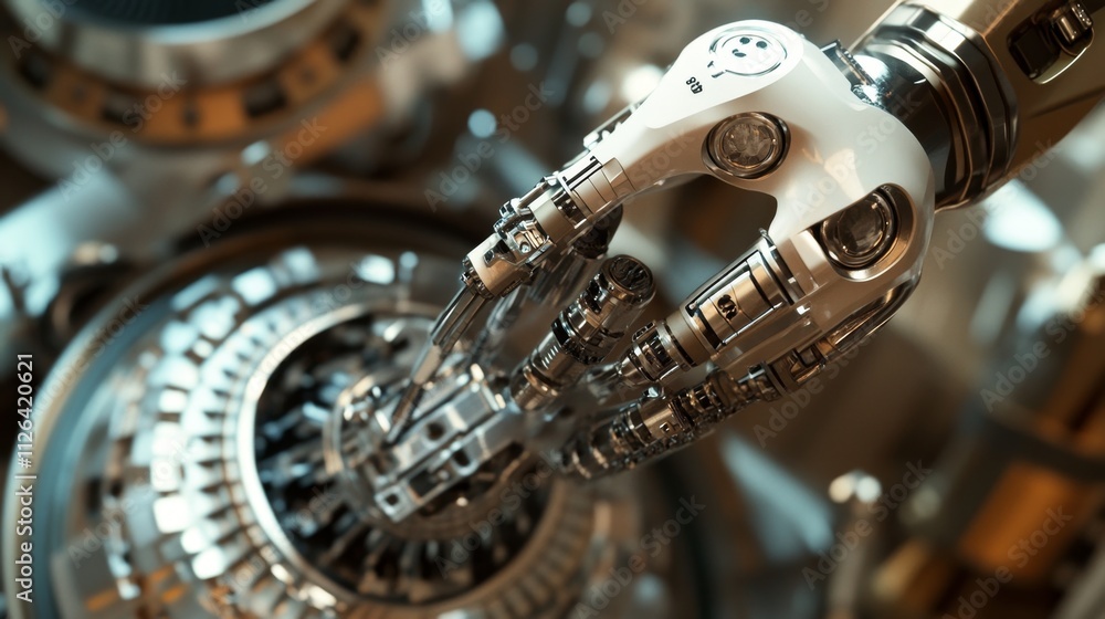 Poster close-up shot of robotic arm assembling mechanical component