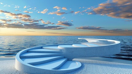 A staircase spiraling infinitely into the clouds, each step showing glimpses of different realities