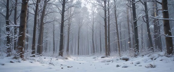 Obraz premium Snow-covered forest with snowflakes gently falling from the sky and drifting to the ground, cold, icy, forest