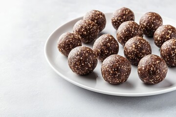 Energy balls on white plate, nutritious snack