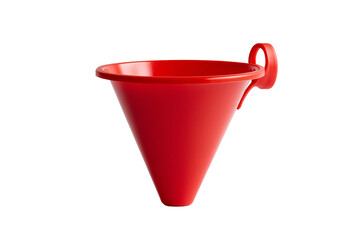 a red plastic funnel with a handle