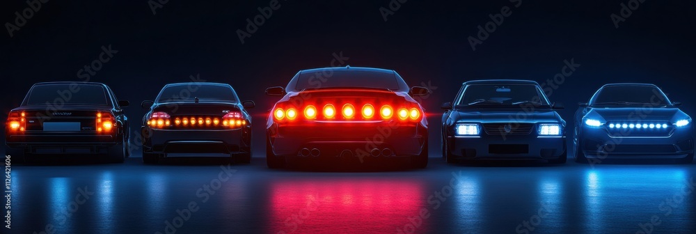 Poster Assorted LED car headlights and tail lights are creatively arranged to display different styles and colors, providing ample space for additional text. Generative AI