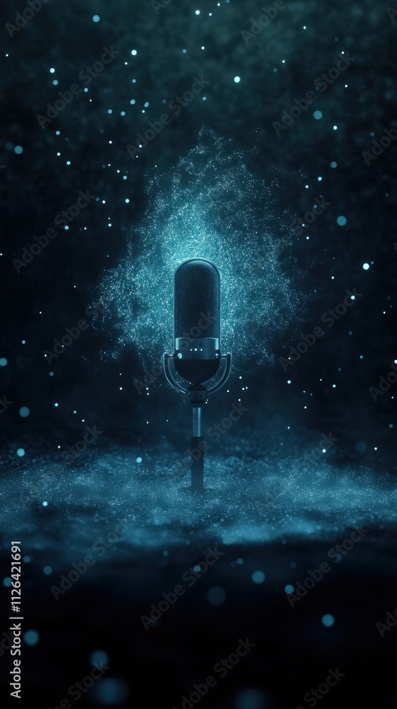 Poster a microphone stands in a misty, illuminated environment, surrounded by glowing particles, creating a