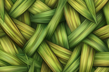 A close-up of woven green and yellow leaves, showcasing intricate patterns and textures.