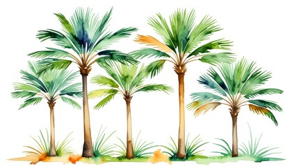 Vibrant tropical palm trees watercolor art on white background