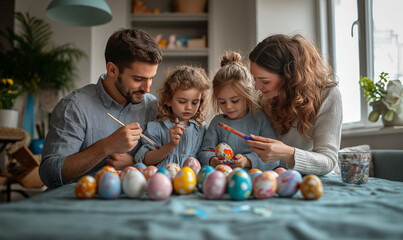Fototapeta premium Children and Parents Decorating Easter Eggs