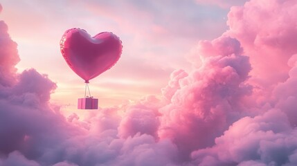 Fototapeta premium A Box flying on a parachute with pink cloud in valentine day,package flying down from sky and cloud with parachute, concept for delivery service,shopping online,air delivery service.