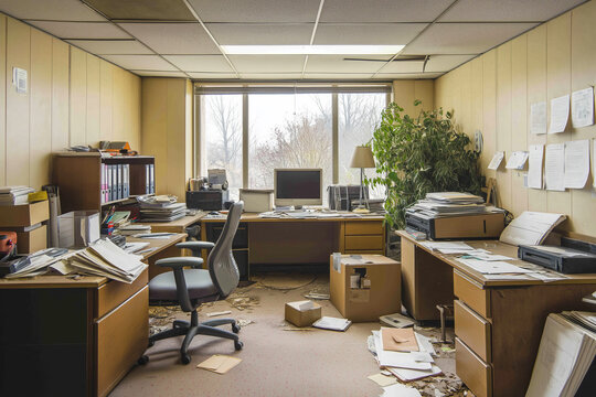Abandoned office interior with outdated furniture, cluttered desks, scattered papers, and overgrown plant near large window, depicting neglect and urban decay