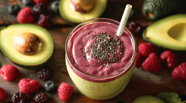 A creamy avocado and berry fruit smoothie in a glass, topped with a sprinkle of chia seeds, served with a straw, surrounded by whole avocados and fresh berries on a rustic wooden table. top view.