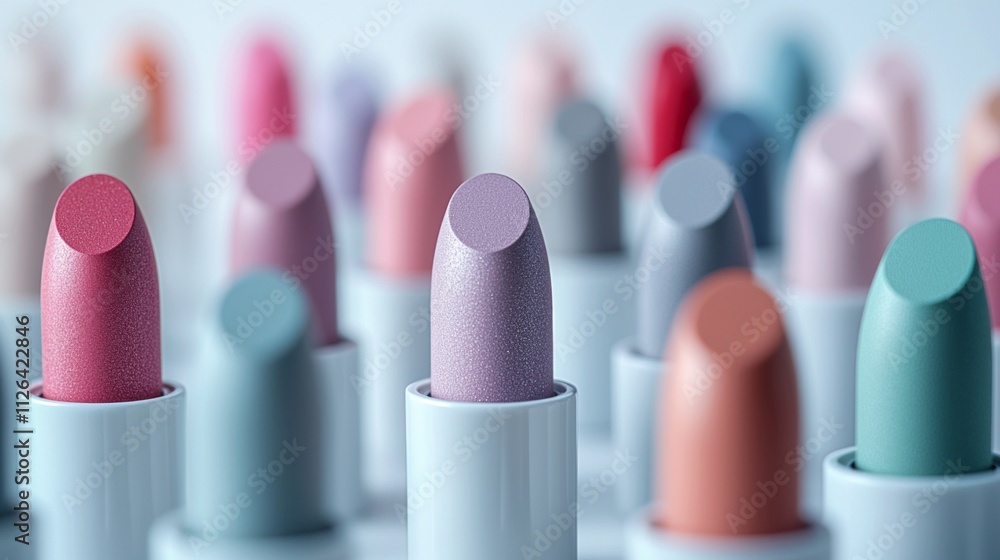 Poster an artistic flat lay showcases an array of lipsticks in various shades, creatively arranged to highl