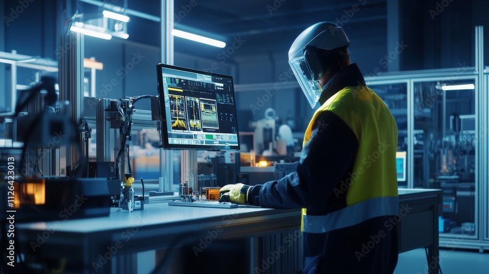 Poster technician in safety gear working on programming at a high-tech facility