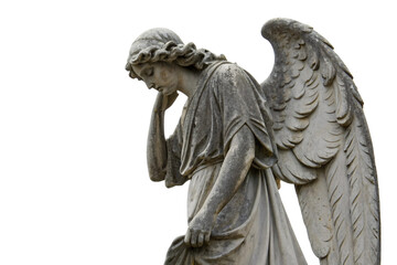 A detailed sculpture of a grieving angel with soft facial features, flowing robes, and intricately carved wings, evoking a sense of sorrow and reverence, set against a transparent background
