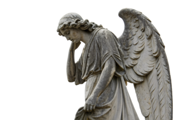 A detailed sculpture of a grieving angel with soft facial features, flowing robes, and intricately carved wings, evoking a sense of sorrow and reverence, set against a transparent background