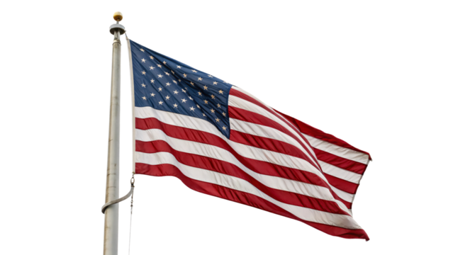 A dynamic U.S. flag fluttering in the wind on a flagpole, representing patriotism and freedom, set against a transparent background