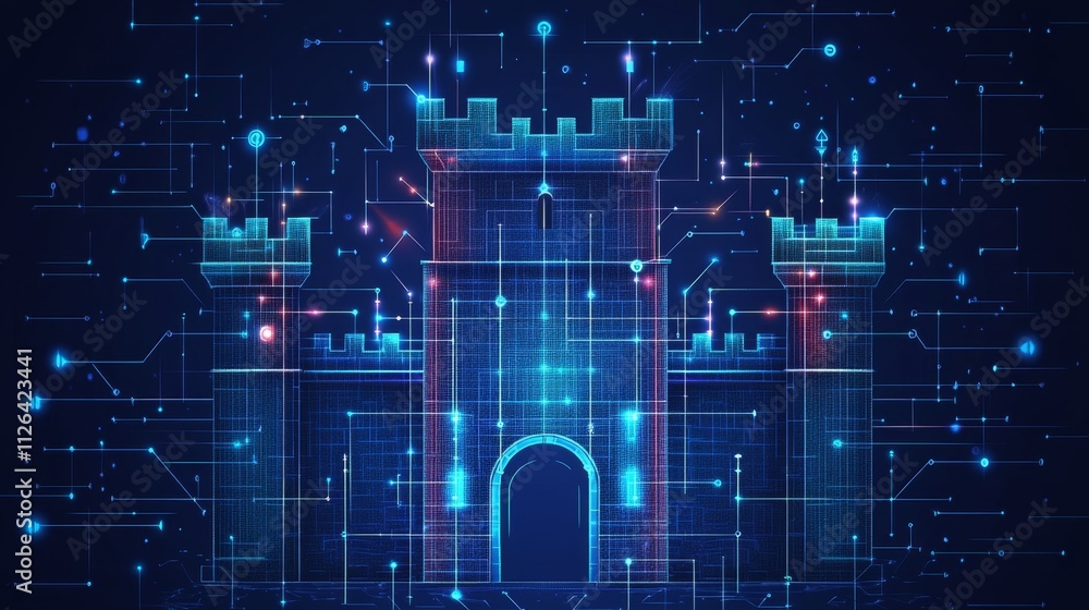 Poster digital fortress surrounded by networks and data connections