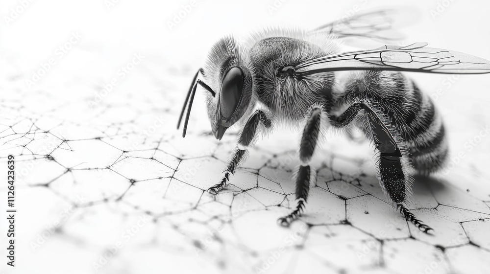 Poster honeybee on hexagonal network close up macro insect photography