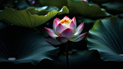 Blooming lotus flower in full detail, leaves displaying growth, surrounding leaves with muted green colors, 8k resolution