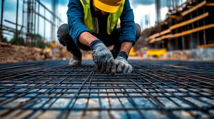  A construction worker in a yellow hard hat and reflective vest is kneeling on a construction site, carefully arranging steel rebar