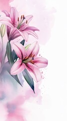 Watercolor Postcard with Lilia Flowers, perfect for greeting cards, invitations, and spring-themed designs Generative AI
