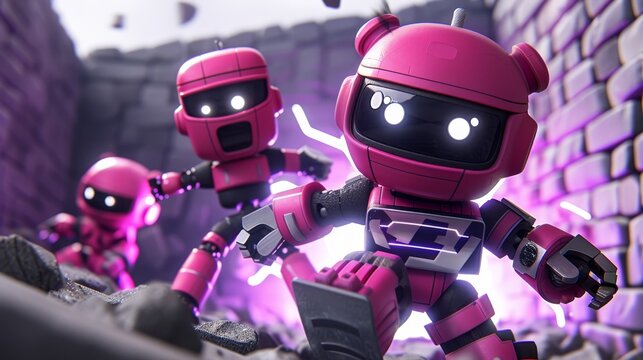 A robot marketplace in a glowing neon alleyway, where androids and drones barter for futuristic parts