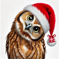 Obraz premium funny owl with tilted head in santa claus hat on white isolated background 