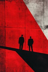 Two silhouettes of men against a bold red and black geometric background, featuring striking shadows and minimalist grunge textures for dramatic effect