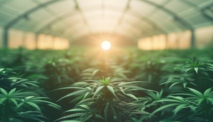 An artificial sun glowing over a massive, futuristic greenhouse filled with alien flora