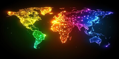A vibrant and colorful digital representation of the global internet network