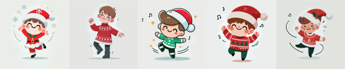 Vector cartoon of small children dancing to celebrate Christmas