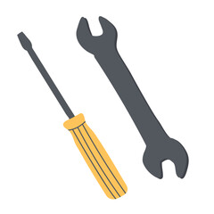 Screwdrivers set, Phillips screwdriver, Flat screwdrivers, Long and Short screwdrivers,  Adjustable spanner free construction and tools icon, vector hand drawn illustration.