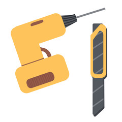 Cordless screwdriver icon, a clerical knife cuts the markup . Electric Screwdriver hand drawn Vector graphics illustration.