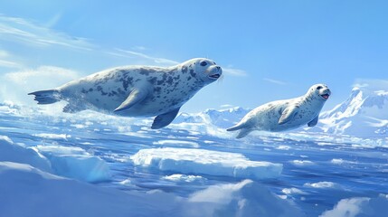 Fototapeta premium Two seals swimming in icy waters, showcasing a serene polar environment.