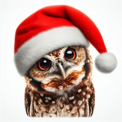 Obraz premium funny owl with tilted head in santa claus hat on white isolated background 