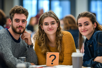 Group of Young Adults Holding a Question Mark Card in Collaborative Setting