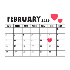 February 2025. Template calendar. Simple planner. Hand drawn illustration on white background.