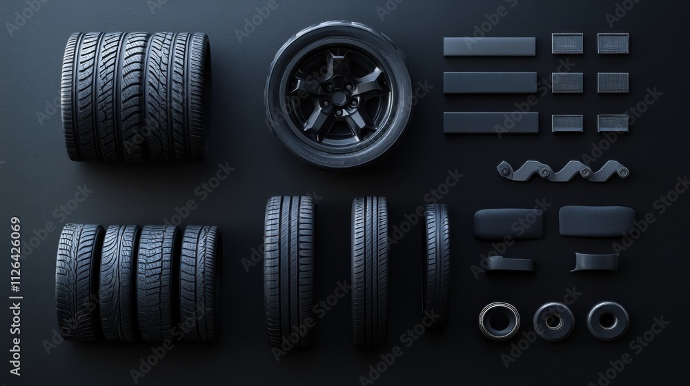 Fototapete different types of car tires, rims, and brake pads are neatly arranged on a dark background, creatin