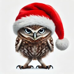 Obraz premium funny owl with tilted head in santa claus hat on white isolated background 