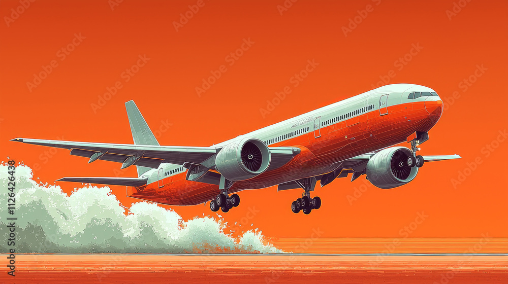 Poster art illustration captures airplane taking clean lines and flat colors. it features subtle motion ind