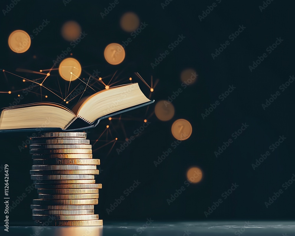 Poster a stack of coins sits on top of an open book