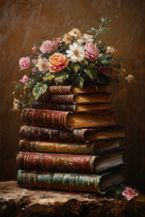 stack of books with flowers in the center, by jean-luc almond, vintage oil painting, cottagecore style, dark background, romantic and nostalgic theme, soft brush strokes, muted colors, hyper realistic