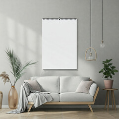 Wall calendar mockup in living room, Featuring Subtle Textures, Curved Bottoms, and Soft Shadows Against